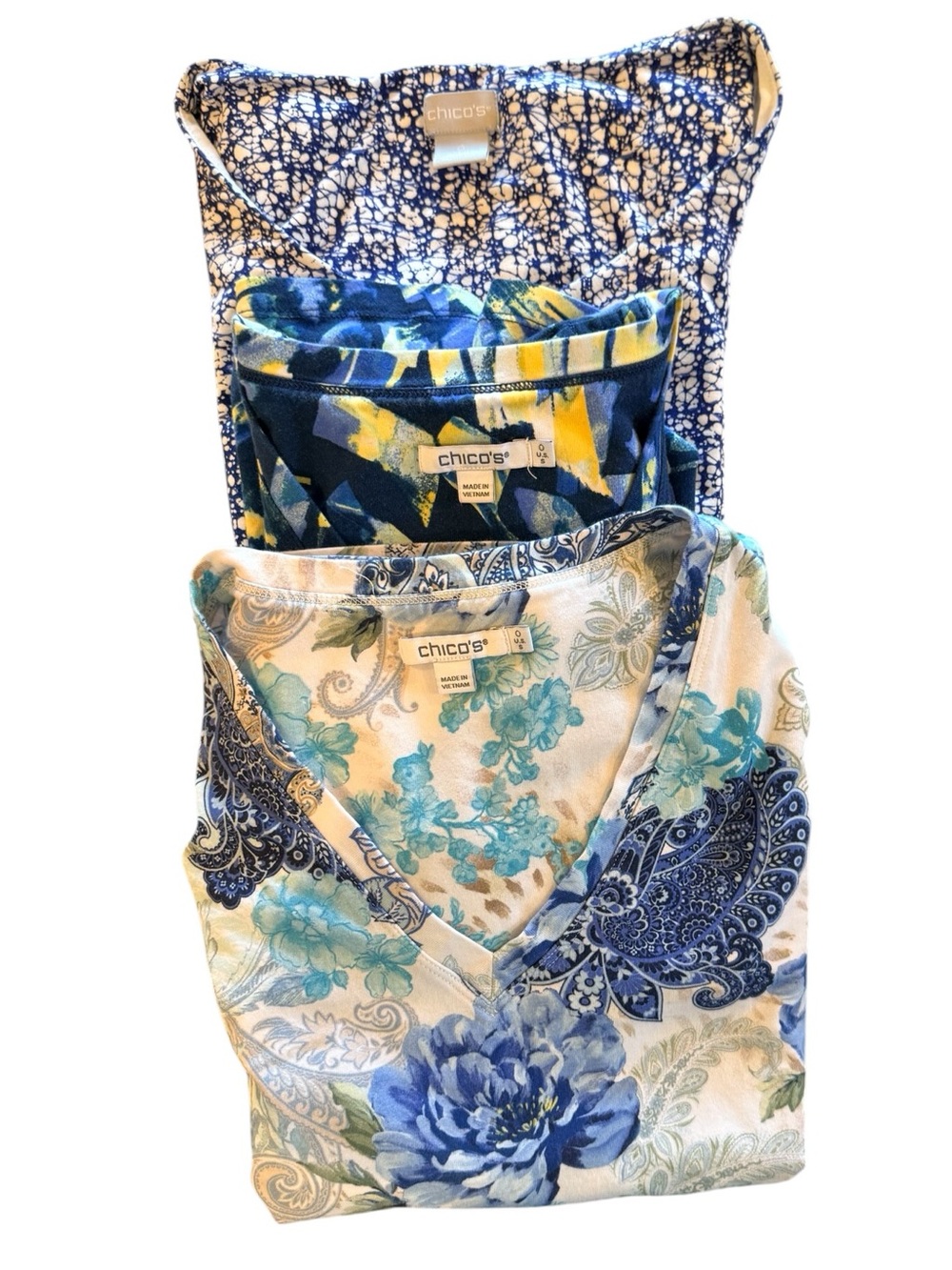Lot of 3 Tops Chico's Blue Blouse T-Shirts Pattern Floral Print Top Small XS (0)
